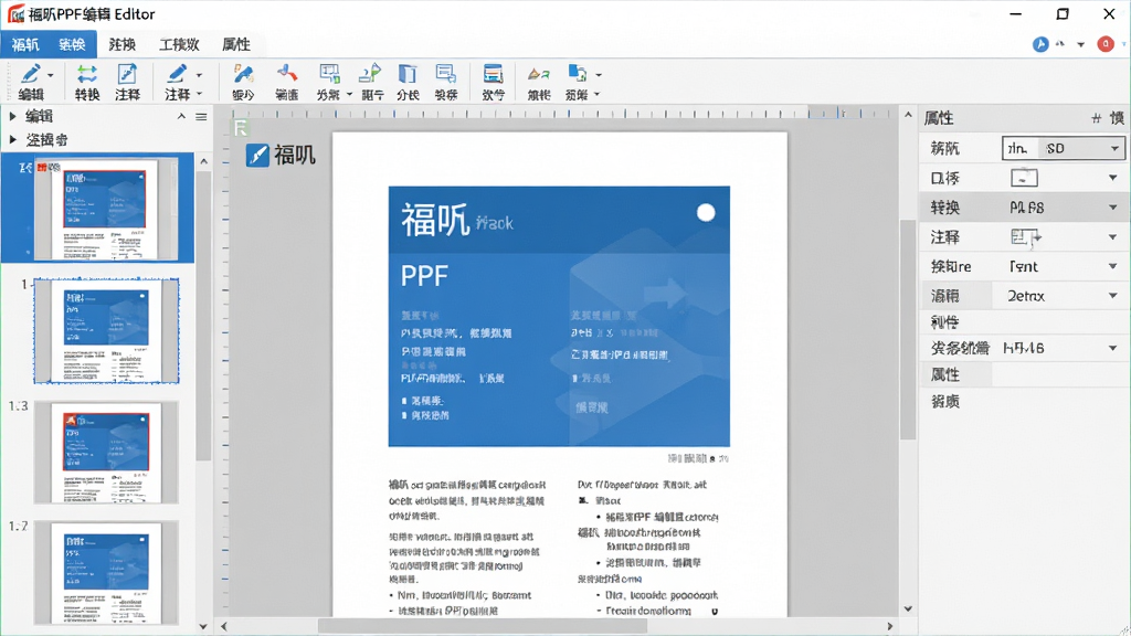 主体:福昕高级PDF编辑器软件主界面,显示工具栏与文档编辑区域。布局:左侧缩略图栏,中间文档显示,右侧属性面板。排版:扁平化设计,图标清晰。风格:现代商务风,蓝色主色调。细节:界面干净,包含“编辑”、“转换”、“注释”等菜单。画质:高清,干净,无多余元素。
