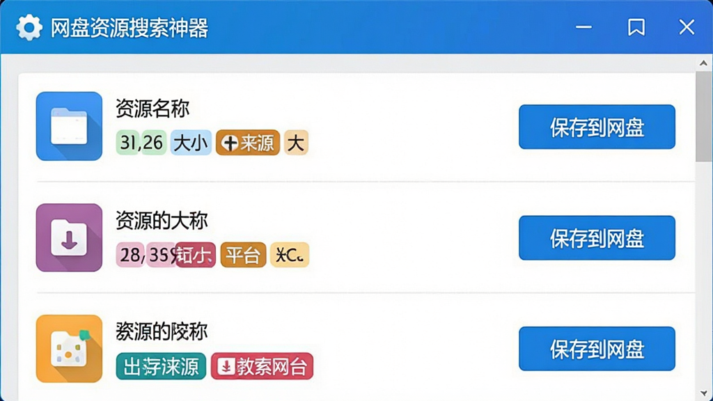 网盘资源搜索神器搜索界面截图,展示多平台资源聚合列表,左侧显示资源名称、大小、来源平台标签,右侧提供“保存到网盘”按钮,整体布局清晰,色彩明快,软件名称“网盘资源搜索神器”显示在顶部导航栏,画质干净,无多余元素
