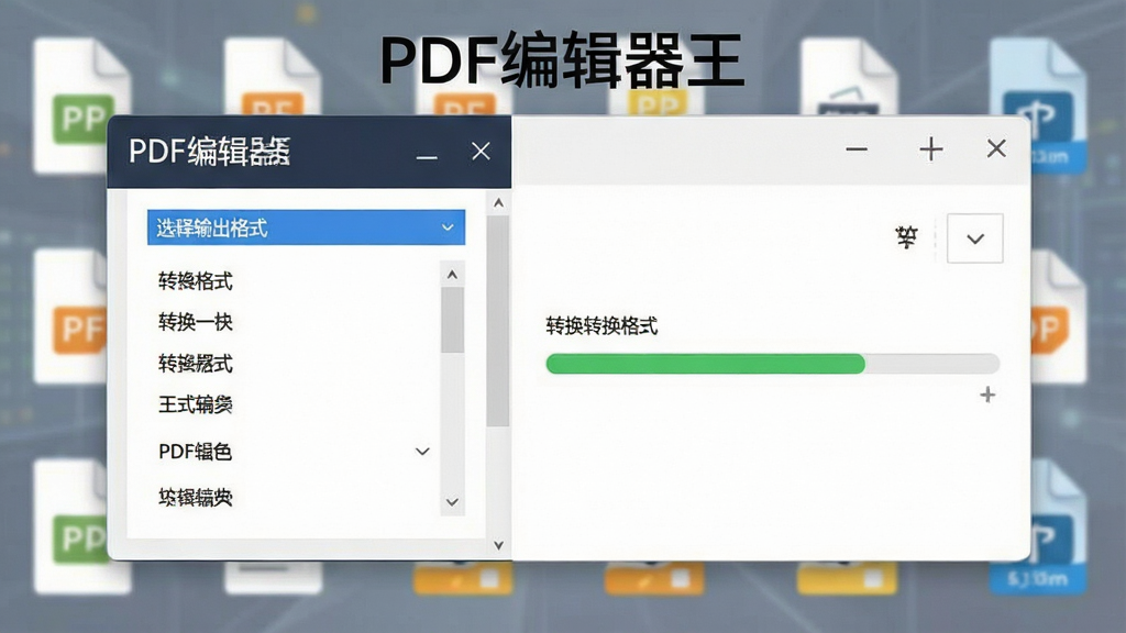 一张展示PDF编辑器王格式转换功能的界面,界面左侧选择输出格式,右侧显示转换进度条,背景有多个文件图标,整体设计简洁,突出转换速度快、格式多,画质清晰,无多余元素,文字标注