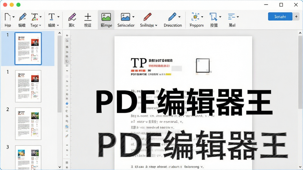 一张展示PDF编辑器王软件主界面的截图,界面左侧为页面缩略图列表,中间为文档编辑区域,显示一个打开的PDF文件,上方工具栏包含编辑文字、添加图片、绘制图形等按钮,整体风格简洁现代,色彩明快,突出软件多功能性和易用性,画质清晰,文字标注