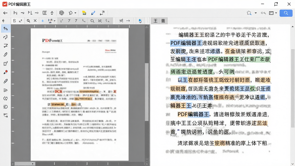 一张展示PDF编辑器王OCR功能的界面,左侧为扫描文档图片,右侧显示识别出的文字文本,文字高亮可编辑,背景为软件主界面,风格简洁,突出识别精准度,画质干净,无多余元素,文字标注