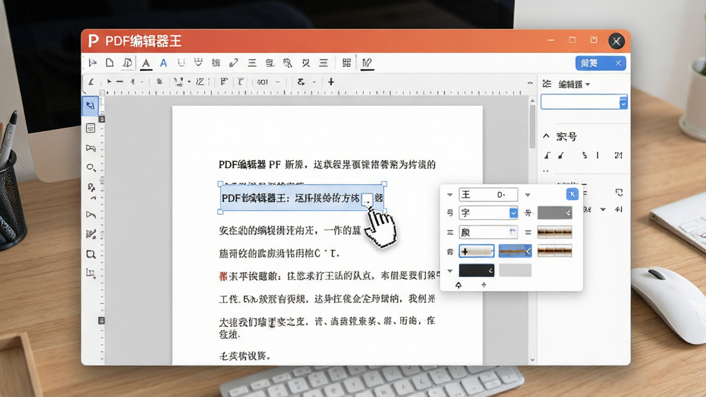 一张展示用户在PDF编辑器王中直接编辑PDF文字的界面,鼠标选中一段文字,弹出字体、字号、颜色等设置选项,文档内容清晰可见,背景为工作桌面,软件界面高亮显示编辑工具,整体风格专业,画质干净,无多余元素,文字标注