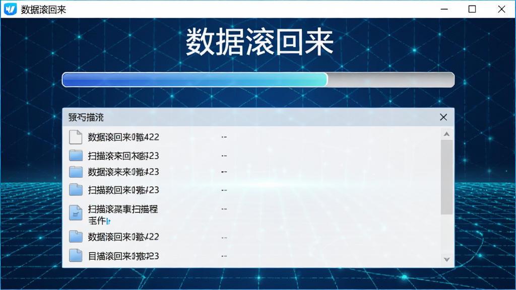 数据滚回来深度扫描过程示意图,画面显示进度条和扫描到的文件列表,背景为科技感蓝色网格,软件名称“数据滚回来”出现在顶部,风格写实,光线明亮,画质清晰,干净无杂物