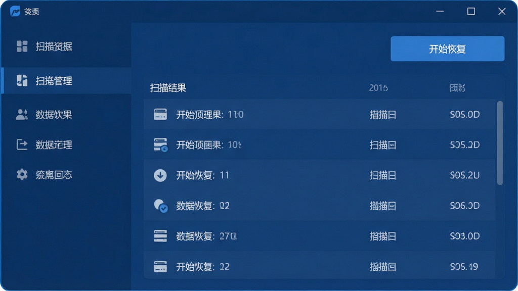 数据滚回来软件主界面预览图,展示简洁的深蓝色调窗口,左侧功能导航栏,右侧扫描结果列表,上方有“开始恢复”按钮,整体布局清晰,现代扁平化设计风格,高分辨率,画质干净,无多余元素