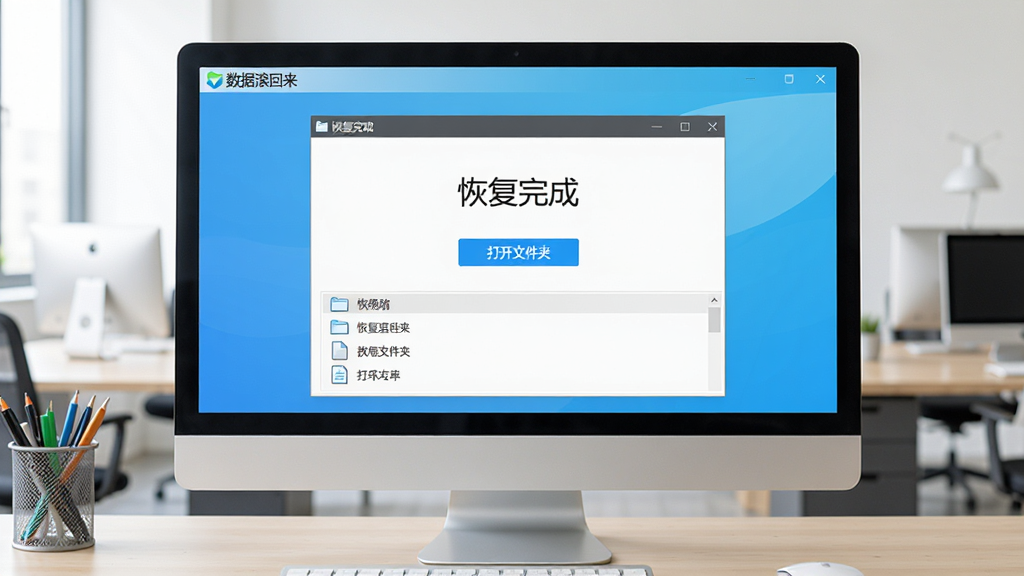 数据滚回来恢复成功界面展示,电脑屏幕上显示“恢复完成”提示,下方有文件列表和“打开文件夹”按钮,整体色调明亮,办公环境背景,软件名称“数据滚回来”清晰可见,构图居中,写实风格,画质高清,无多余元素