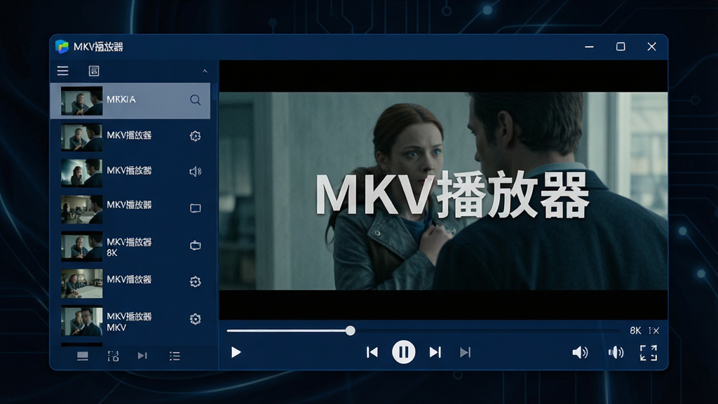 主体:一款名为“MKV播放器”的桌面视频播放软件界面,屏幕中正播放一部高清电影画面;布局:界面简洁,顶部为菜单栏,左侧为视频列表,右侧为播放画面;排版:软件窗口占画面主体,周围有深色背景衬托;风格:现代科技感,UI采用深蓝与白色配色,图标清晰;细节:播放画面上有“MKV播放器”字样水印,底部有播放控制条,包括播放/暂停、音量、全屏按钮;画质:8K超清,干净,无多余元素。