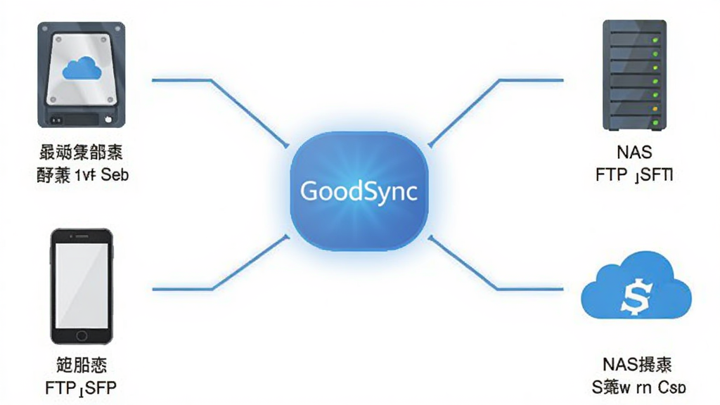 生成一张GoodSync软件连接不同存储设备的示意图,主体为一个发光的中心节点连接多个图标,包括本地硬盘、NAS设备、云服务器和手机,布局为中心辐射状,风格为简洁的科技感扁平插画,细节中每个图标下方标注协议名称如FTP和SFTP,画质清晰干净,无多余元素。