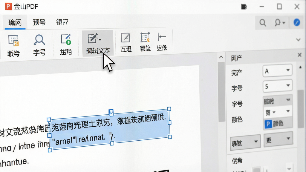 һ����д��ͷ����ʾ��ɽPDF�����ı༭�����������ָ����ͣ�ڡ��༭�ı�����ť�ϣ��·�PDFҳ�������ֱ�ѡ�в�������ɫ������ҳ���Ҳ��������ṩ���塢�ֺš���ɫ������ѡ������������������ϸ�ڷḻ�����������ɾ��޶���Ԫ��