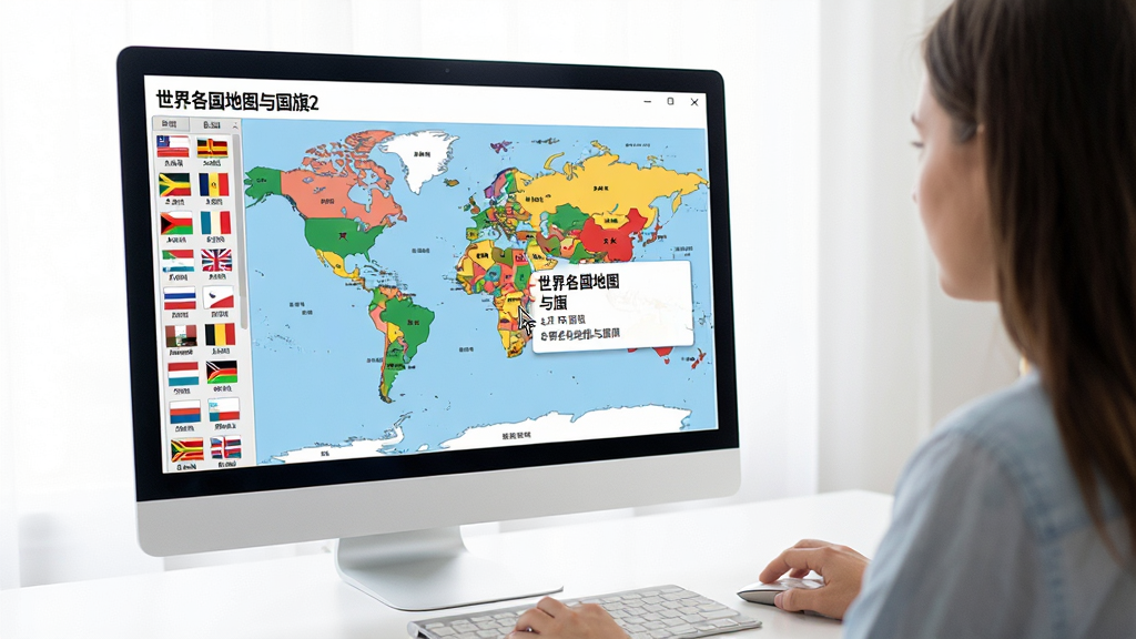 一张用户正在电脑上操作“世界各国地图与国旗2”软件的照片,屏幕中显示世界地图和国旗列表,鼠标指针悬停在一个国家上,旁边弹出信息卡片,整体场景明亮,画质干净,无多余元素。