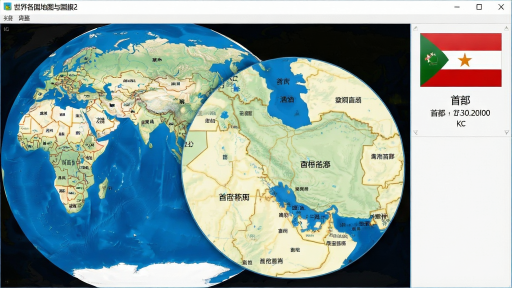 一幅展示世界地图缩放效果的软件界面截图,地图从全球视角逐渐放大到某个国家区域,边界清晰,地名标注详细,界面右侧显示对应国家的国旗和首都信息,整体风格专业,画质干净,无多余元素,标题栏显示“世界各国地图与国旗2”。