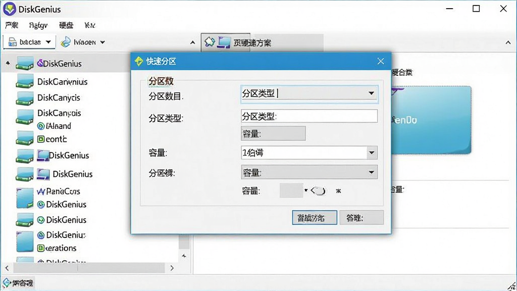 主体:DiskGenius(硬盘分区)软件执行快速分区操作的界面,显示分区方案设置。布局:左侧为磁盘列表,右侧为分区方案配置区域。排版:清晰直观,参数选项一目了然。风格:实用主义,界面干净。细节:“快速分区”窗口弹出,包含分区数目、分区类型、容量设置等选项,软件名称“DiskGenius”在界面左上角。画质:高清,干净,无多余元素。