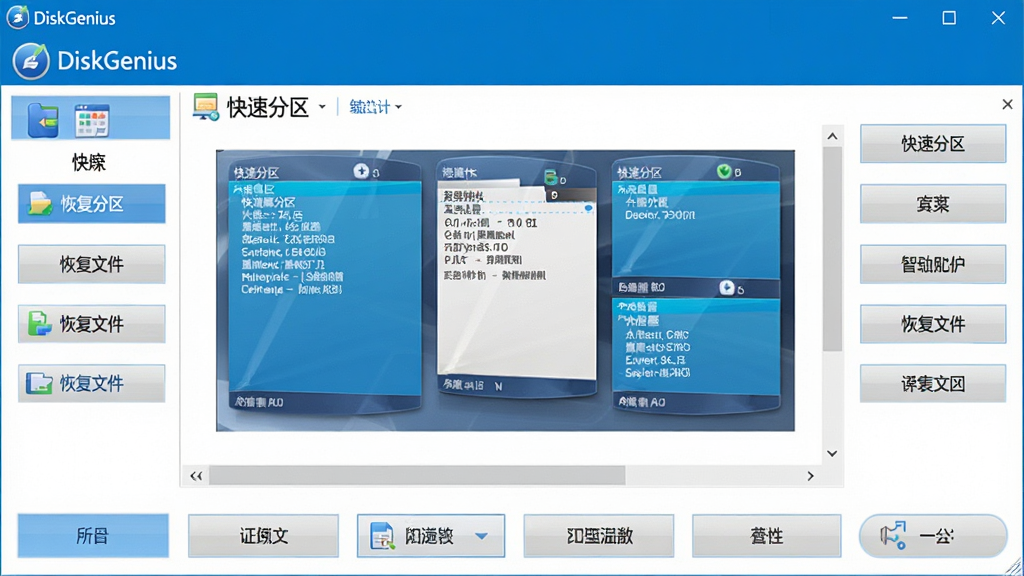 主体:DiskGenius(硬盘分区)软件主界面,展示磁盘分区图表和功能按钮。布局:界面居中,分区图示清晰,功能按钮排列整齐。排版:简洁明了,信息层次分明。风格:现代科技感,蓝白配色。细节:软件名称“DiskGenius”显示在窗口顶部,界面中可以看到“快速分区”、“恢复文件”等按钮。画质:高清,干净,无多余元素。
