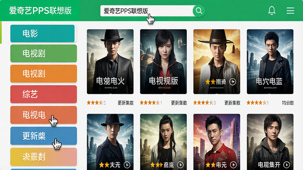 主体:爱奇艺PPS影音(联想版)的影视分类界面,显示电影、电视剧、综艺等多个标签页;布局:界面为左右结构,左侧分类栏,右侧海报墙;排版:海报排列整齐,每个封面下方带有评分和更新集数;风格:扁平化设计,色彩明快;细节:顶部搜索框有“爱奇艺PPS联想版”字样,鼠标悬停高亮效果;画质:4K高清,干净,无多余元素