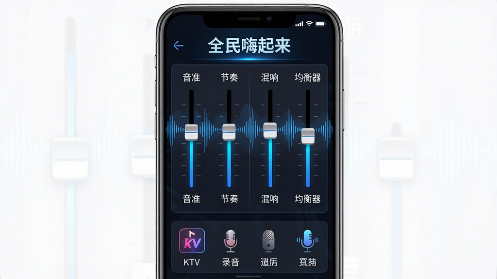主体:手机屏幕展示“全民嗨起来”的调音台界面,有多个滑块分别标注“音准”“节奏”“混响”“均衡器”,下方有多个音效图标如“KTV”“录音棚”。布局:手机居中,调音台控件排列整齐,背景有音波图案。排版:滑块垂直排列,图标大小一致,文字标注清晰。风格:专业、科技感,深色背景搭配蓝色高光。细节:滑块位置适中,有实时波形显示,画面干净整洁。画质:高清,控件边缘锐利。