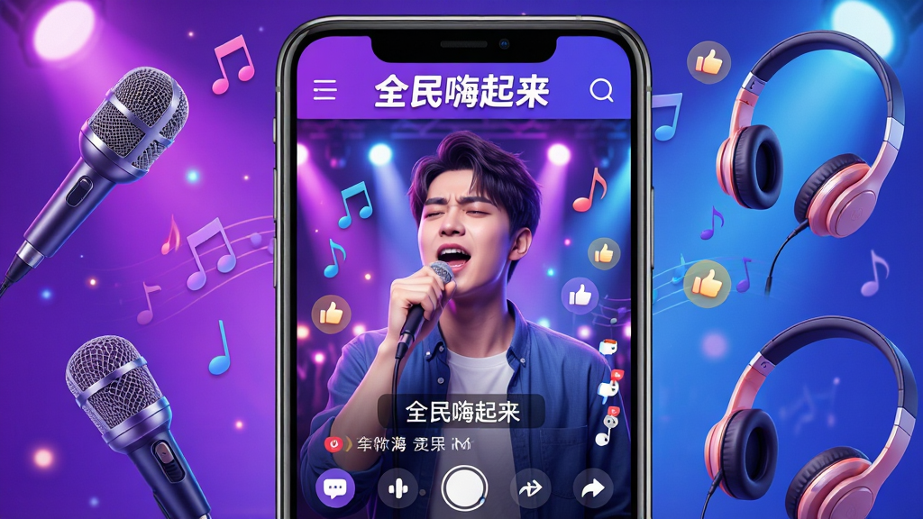 主体:一款名为“全民嗨起来”的手机K歌应用界面,手机屏幕中央显示一个正在唱歌的年轻用户,背景是炫彩的舞台灯光,周围有飘动的音符和点赞图标。布局:手机为主体置于画面中央,屏幕内容清晰可见,周围有麦克风、耳机等音乐元素环绕。排版:界面简洁,功能图标排列整齐,上方有“全民嗨起来”字样。风格:现代、潮流、充满活力,色彩鲜艳明亮,以紫色和蓝色为主色调。细节:用户表情投入,界面显示歌词字幕和互动弹幕,画面干净无多余元素。画质:高清渲染,细节丰富,整体明亮清晰。