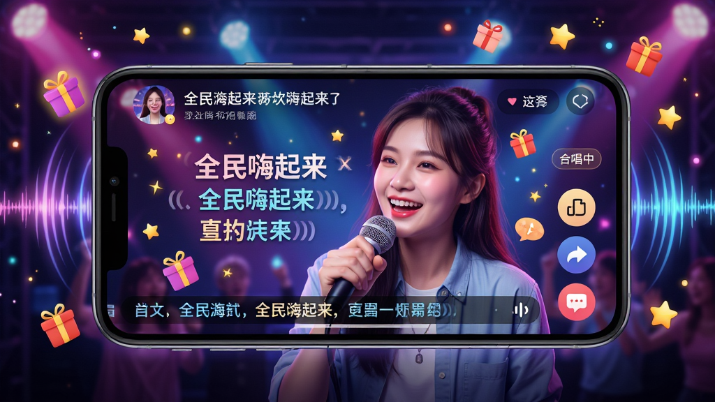 主体:一部手机横屏显示“全民嗨起来”的演唱界面,用户手持麦克风,背景是动态歌词和粉丝礼物特效。布局:手机占据画面中央,周围有音乐波纹和星星点缀。排版:界面歌词在底部滚动,顶部有歌曲信息,右侧有互动按钮。风格:炫酷灯光,色彩丰富,动感十足。细节:用户表情开心,画面有“合唱中”标签,无多余杂物。画质:高清,光影效果逼真。