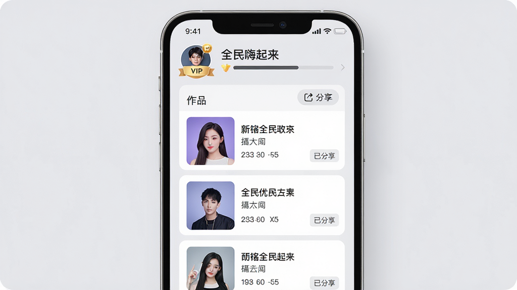 主体:手机屏幕展示“全民嗨起来”的个人主页,顶部是用户头像和等级徽章,下方是作品列表和统计数据,有“分享”按钮。布局:手机居中,个人信息在顶部,作品列表纵向排列。排版:作品封面为正方形,标题和播放量清晰,有“已分享”标签。风格:简约时尚,背景为浅灰色,卡片式设计。细节:头像有VIP标识,等级进度条清晰,画面干净无多余元素。画质:高清,色彩柔和。