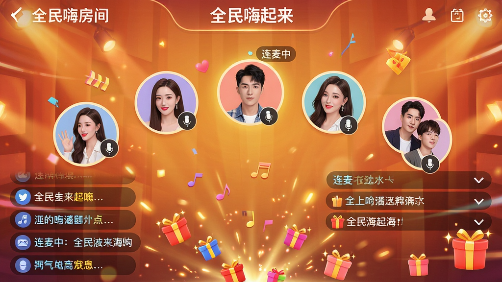 主体:一个“全民嗨起来”多人嗨唱房间界面,顶部显示房间名称,中间是多个用户头像排列成弧形,每人头像旁有麦克风图标,底部是聊天弹幕和礼物特效。布局:房间画面为主,头像排列有序,背景有动态光效。排版:头像大小一致,弹幕从右向左滚动,礼物图标闪烁。风格:热闹、欢快,色彩丰富,以暖色调为主。细节:有“连麦中”标签,弹幕文字清晰,画面干净无杂物。画质:高清,动态效果流畅。