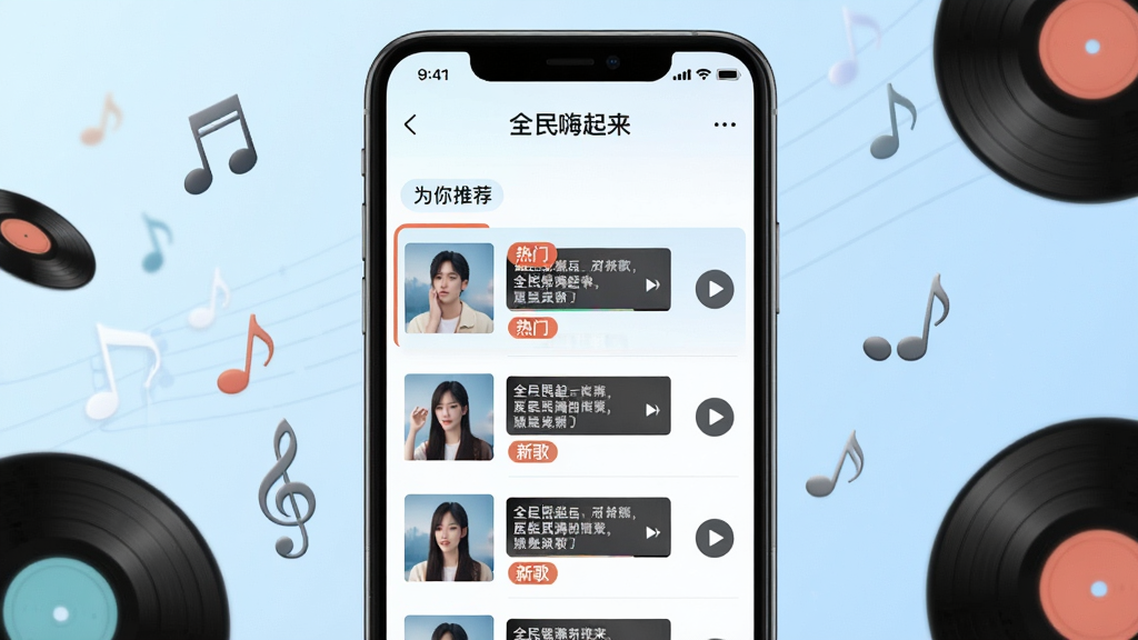 主体:手机屏幕展示“全民嗨起来”的歌曲列表页面,列表上方有“为你推荐”标签,每首歌曲旁边有歌词缩略图和播放按钮。布局:手机居中,屏幕占据主要画面,周围漂浮着音乐符号和唱片元素。排版:列表清晰,封面图大小统一,文字信息简洁。风格:清新现代,背景为淡蓝色渐变,界面简洁明亮。细节:推荐歌曲高亮显示,有“热门”“新歌”标签,画质细腻干净。