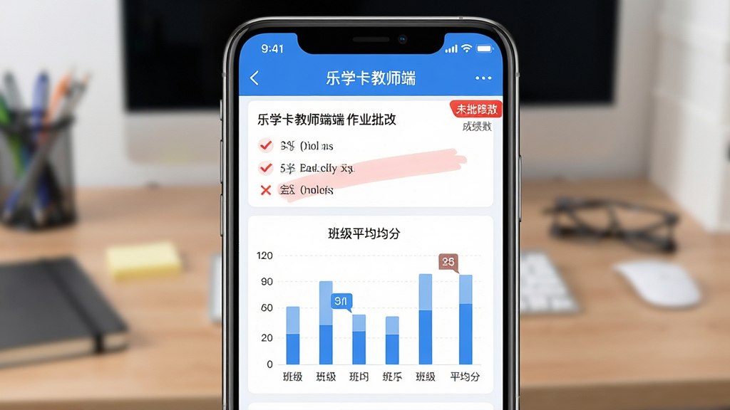 主体:教师手机界面显示乐学卡教师端作业批改页面,有红色批注和成绩统计图表。布局:手机屏幕特写,占据画面大部分,背景虚化为教师办公桌。排版:屏幕居中,四周留白,突出数据信息。风格:UI设计风格,清晰美观,色调以蓝白为主。细节:屏幕上有题目的红色对勾和叉号,下方有柱状图显示班级平均分,右上角有未批改数量角标。画质:高清,干净,无多余元素。