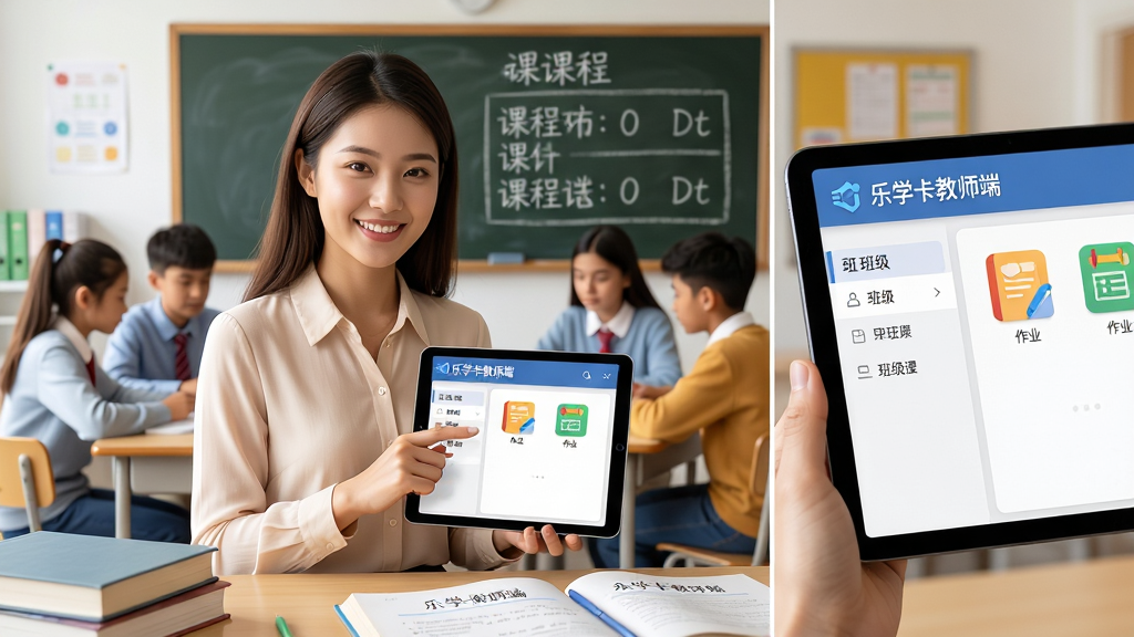 主体:一位年轻女教师手持平板电脑,屏幕上显示
