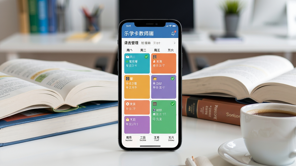 主体:手机屏幕展示乐学卡教师端的课表管理界面,彩色课程块标注不同科目。布局:手机平放在桌面,周围摆放几本教科书和一杯咖啡,背景是教师办公室。排版:手机居中,书本和咖啡形成三角构图,突出屏幕内容。风格:扁平化与写实结合,色彩明快,细节丰富。细节:屏幕上有周一至周五的课程块,不同颜色代表不同科目,有绿色对勾表示已完成。画质:清晰,干净,无多余元素。