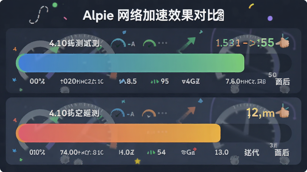 Alpie网络加速效果对比图,主体为速度测试条,布局上下对比,排版直观,风格活泼,细节显示优化前后延迟数值,画质高,干净无多余元素