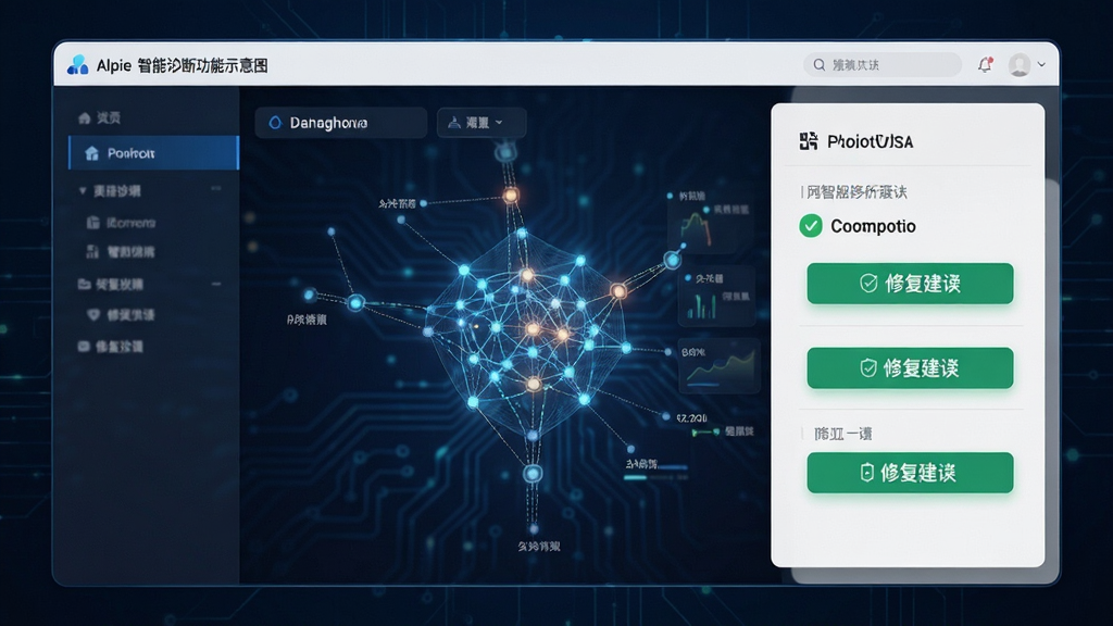Alpie智能诊断功能示意图,主体为网络诊断结果页面,布局左右分栏,排版专业,风格科技感,细节显示绿色对勾与修复建议按钮,画质细腻,干净无多余元素