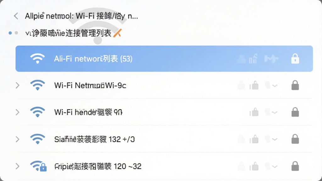Alpie连接管理列表,主体为Wi-Fi网络列表,布局列表样式,排版整齐,风格清爽,细节包含信号图标与锁定标记,画质佳,干净无多余元素