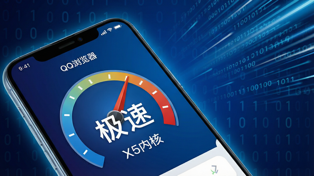 主体:一个智能手机屏幕特写,屏幕显示“QQ浏览器”的极速模式界面,一个巨大的速度仪表盘图标,指针指向最高速。布局:手机位于画面左下角,右上角是放射状的速度线条,背景为深蓝色科技感渐变。排版:仪表盘中央有“极速”两个大字,下方小字“X5内核”,整体构图简洁有力。风格:科技动感风格,线条锐利,色彩鲜明。细节:手机屏幕边缘有微弱的发光效果,背景中有细微的二进制数字流动。画质:超高清渲染,对比度高,干净无多余元素。