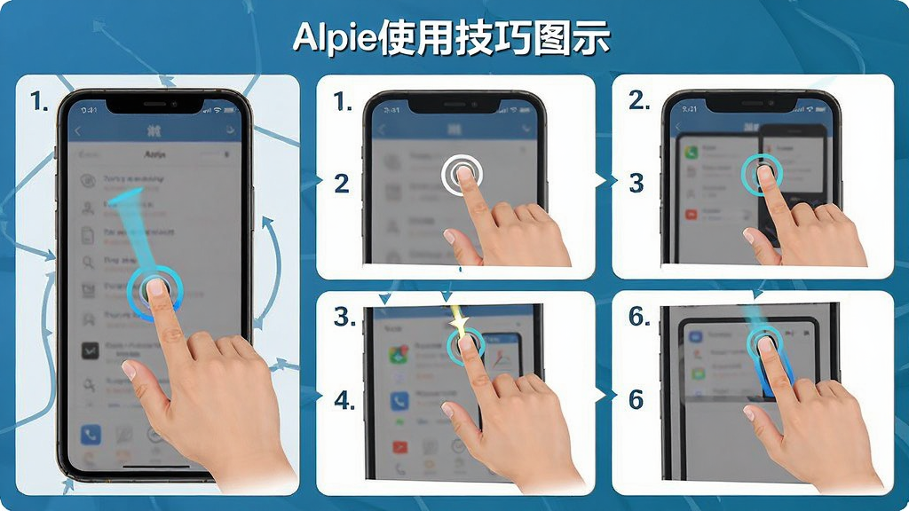 Alpie使用技巧图示,主体为手机操作手势示意,布局步骤分解,排版清晰,风格教育性,细节包含手指点击与滑动轨迹,画质干净,无多余元素