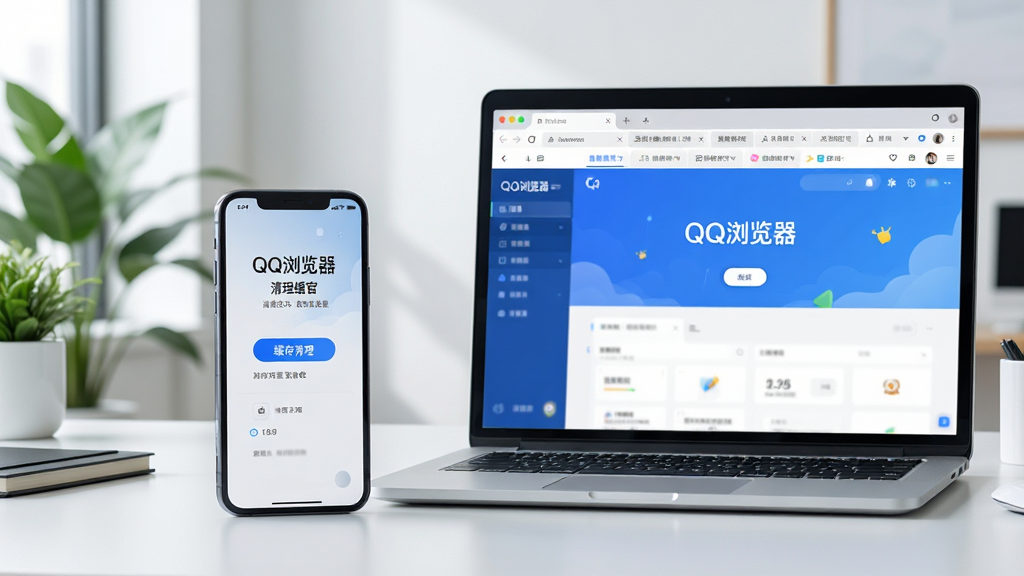 主体:一部手机和一台笔记本电脑并排放在桌面上,手机屏幕显示“QQ浏览器”的清理缓存界面,电脑屏幕显示QQ浏览器PC版的主界面。布局:手机在左侧,电脑在右侧,背景为简洁的现代办公室,有绿植点缀。排版:手机屏幕中有“缓存清理”的按钮,电脑屏幕有多个标签页。风格:写实商务风格,光线明亮,色调清新。细节:手机和电脑屏幕上都有“QQ浏览器”的logo,桌面整洁。画质:超高清,细节丰富,干净无多余元素。