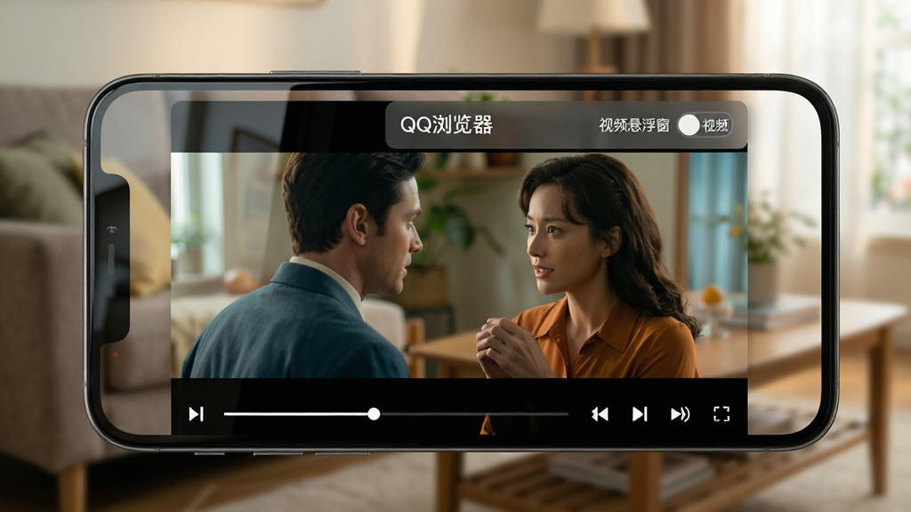 主体:一个手机屏幕上正在播放视频,画面显示一个电影场景,视频窗口上方有一个半透明的“QQ浏览器”浮动小窗。布局:手机横屏置于画面中央,背景是模糊的客厅环境,有沙发和茶几。排版:视频画面占据屏幕大部分,右下角有播放控制条,顶部有“视频悬浮窗”开关图标。风格:写实生活风格,光线柔和,色调温暖。细节:手机屏幕反光自然,悬浮窗上有“QQ浏览器”字样,视频画面清晰、色彩饱满。画质:高清画质,景深效果自然,干净无多余元素。