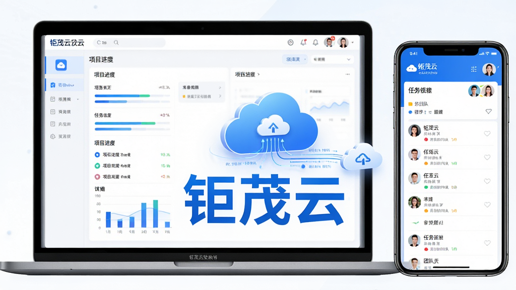 主体:钜茂云软件界面展示,一台笔记本电脑和一部手机同时显示云端办公画面,屏幕上有项目进度、任务列表、团队头像等元素;布局:左右对称,左侧为电脑屏幕,右侧为手机屏幕,中间有云朵和数据流动的图形;排版:简洁清晰,突出软件名称“钜茂云”字样;风格:现代商务科技感,蓝色和白色为主色调;细节:画面干净,图标精致,数据可视化图表清晰;画质:高清渲染,明亮通透,无多余元素。