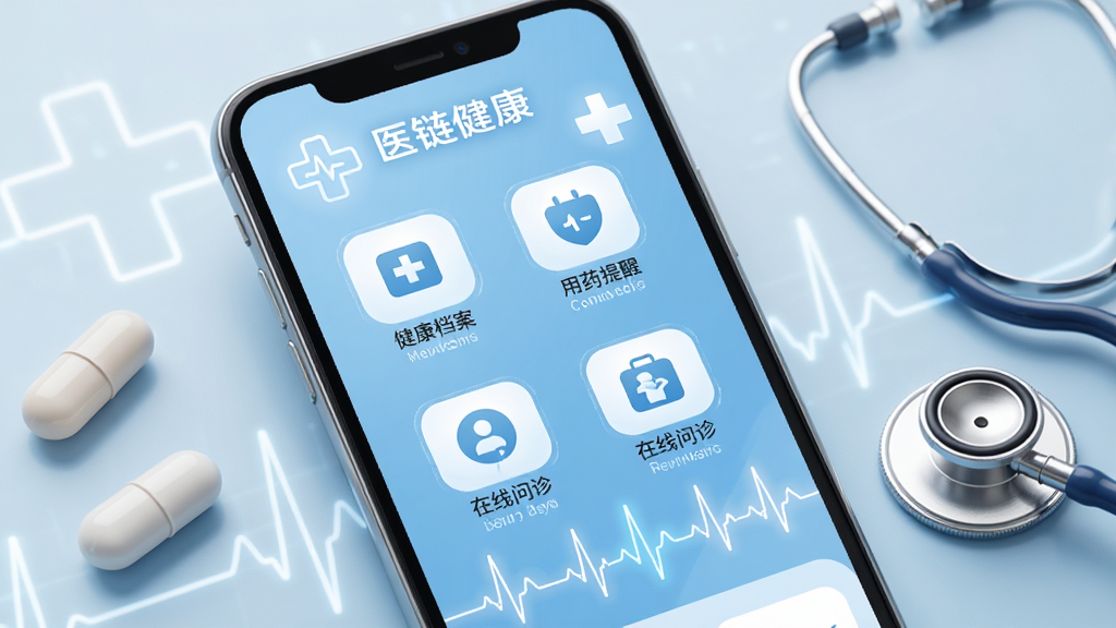 手机屏幕显示医链健康应用的主界面,界面上有健康档案、用药提醒、在线问诊等图标,背景是柔和的医疗蓝色,配以白色十字和心电图线条,布局清晰,风格简洁科技感,细节包含药丸和听诊器元素,画质高清,干净,无多余元素