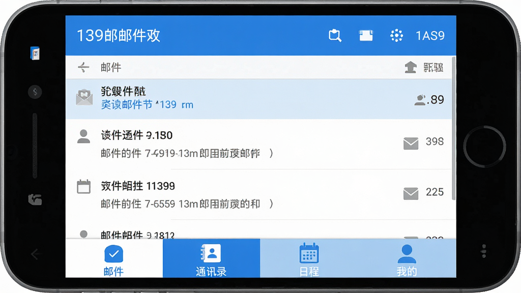 一张展示139邮箱手机APP主界面的高清截图,界面整洁,顶部显示收件箱、已读邮件列表,底部导航栏包含邮件、通讯录、日程、我的四个选项卡。整体风格为蓝白配色,扁平化设计,画质清晰,干净无多余元素。