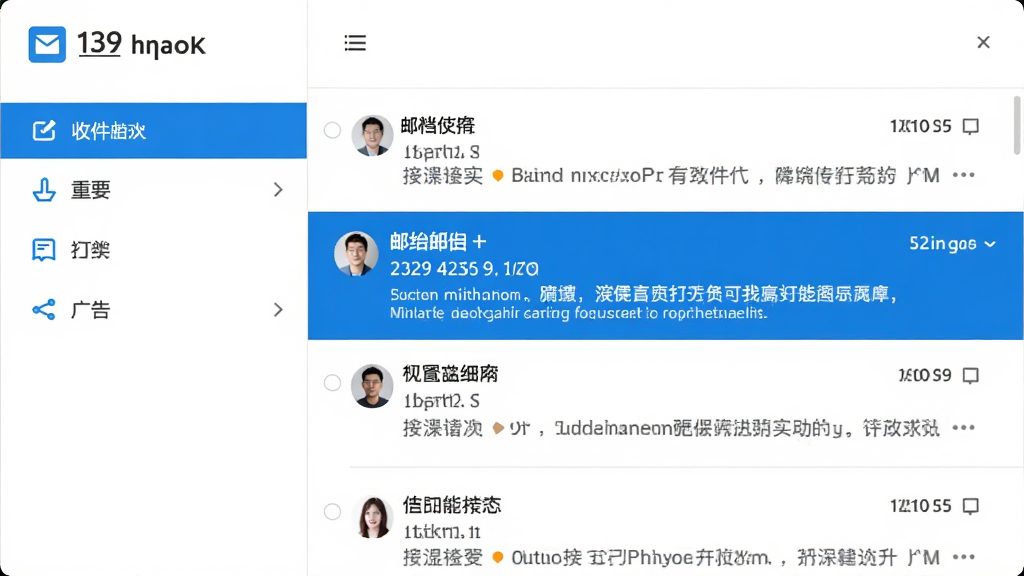 展示139邮箱的邮件分类管理界面,屏幕左侧为收件箱、重要、订阅、广告等分类标签,右侧为邮件列表,其中一封邮件被高亮选中,显示发件人、主题和摘要。界面采用蓝白配色,扁平化设计,布局清晰,画质细腻,干净无多余元素。