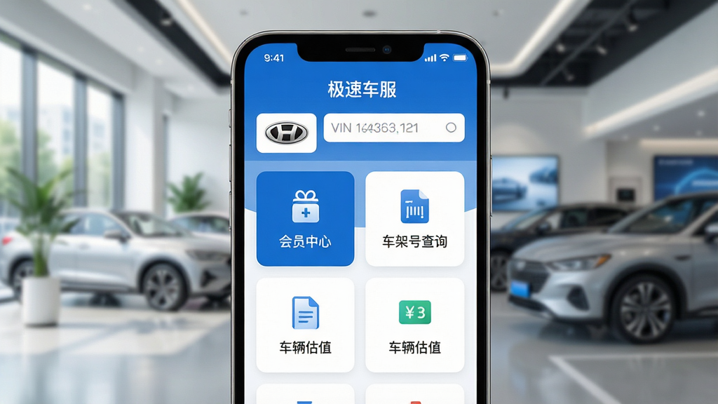 一张现代感十足的智能手机屏幕特写,屏幕界面清晰显示“极速车服”APP主界面,界面设计简洁清爽,以蓝白为主色调,顶部显示车辆品牌LOGO和VIN码查询框,中间以卡片式布局展示“会员中心”、“车架号查询”、“车辆估值”等功能图标,背景为虚化的现代汽车服务中心场景,画面干净明亮,细节丰富,高清画质,构图居中,突出APP界面,风格为科技感UI设计展示图。