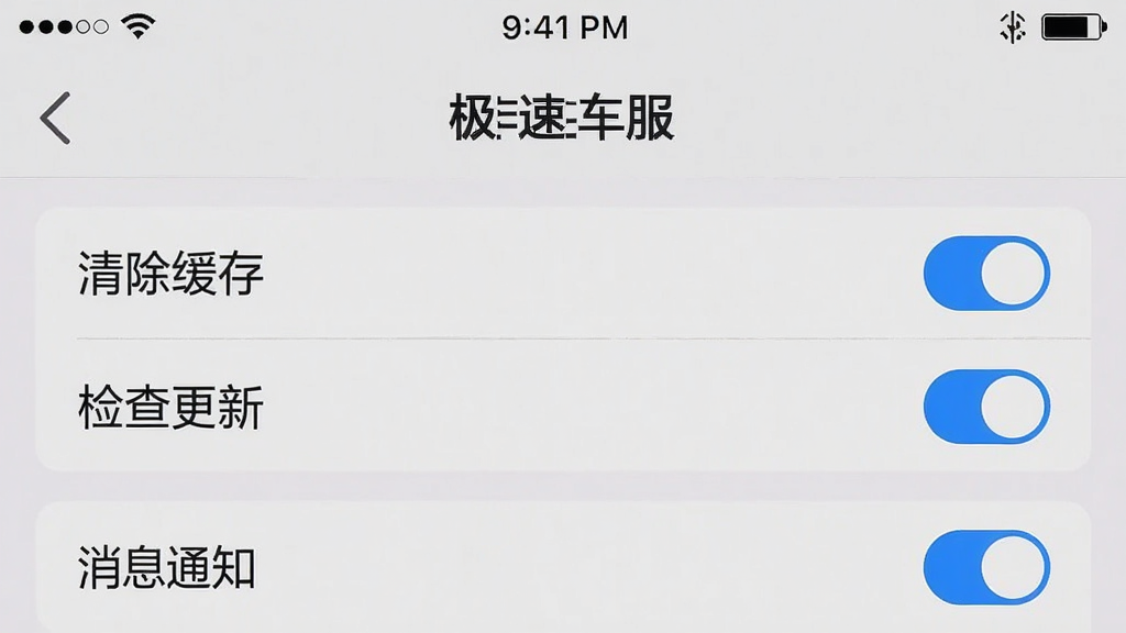 一张手机截图风格的图片,图片展示“极速车服”APP内部设置页面,页面中有“清除缓存”、“检查更新”、“消息通知”等选项,部分选项右侧有蓝色开关按钮处于开启状态,顶部状态栏显示时间,整体界面简洁清晰,色彩柔和,画质干净,布局规整,风格为移动端UI界面截图展示。