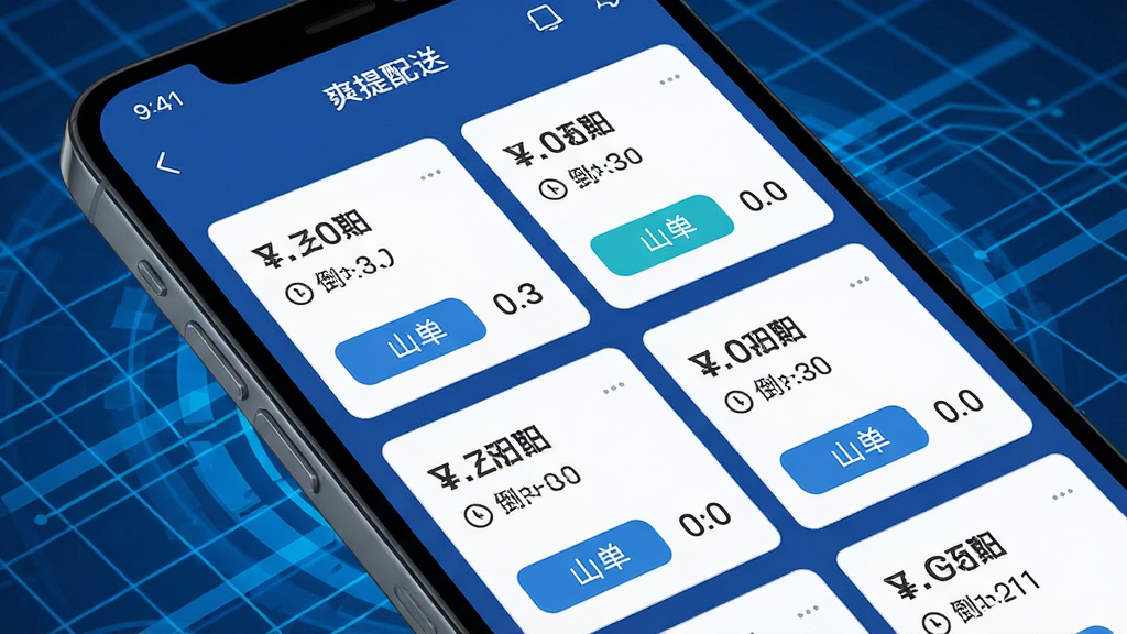 画面主体为智能手机屏幕特写,显示“爽提配送”App的接单大厅界面,多张订单卡片整齐排列,每张卡片标注金额与距离,背景为抽象的蓝色科技网格,布局采用卡片式列表,风格现代扁平,细节包括卡片上的“抢单”按钮和倒计时数字,画质干净明亮,无多余元素