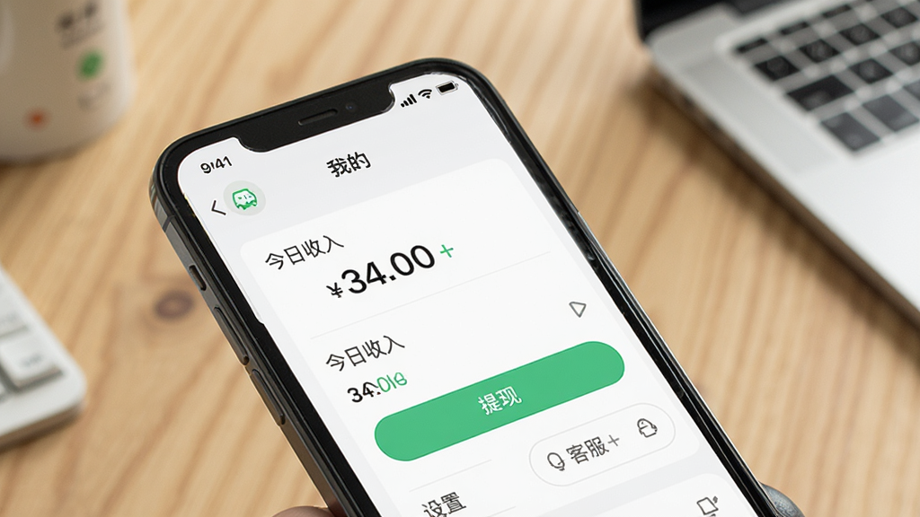 画面主体为骑手手机屏幕展示“爽提配送”App的“我的”页面,包含收入统计、设置入口和客服按钮,背景为手机局部特写与桌面环境,布局简洁,风格清爽,细节包括屏幕上的“今日收入”数字和“提现”按钮,画质细腻干净,无多余元素