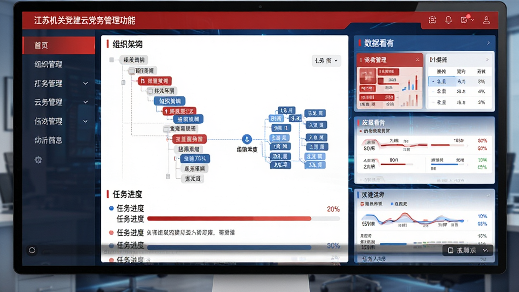 江苏机关党建云党务管理功能界面截图,屏幕展示组织架构树形图与任务进度条,左侧菜单栏,右侧数据看板,红蓝配色,商务科技风格,细节清晰,高画质,干净,无多余元素