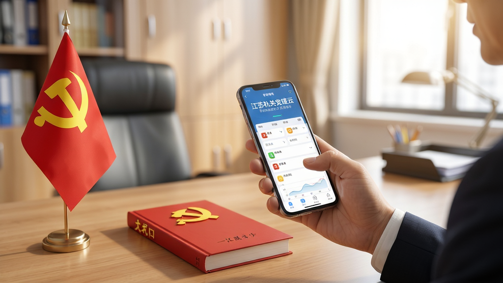 江苏机关党建云使用场景插图,人物手持手机操作App,桌面摆放党旗和党章,背景为办公室环境,写实风格,光线明亮,细节丰富,高画质,干净,无多余元素