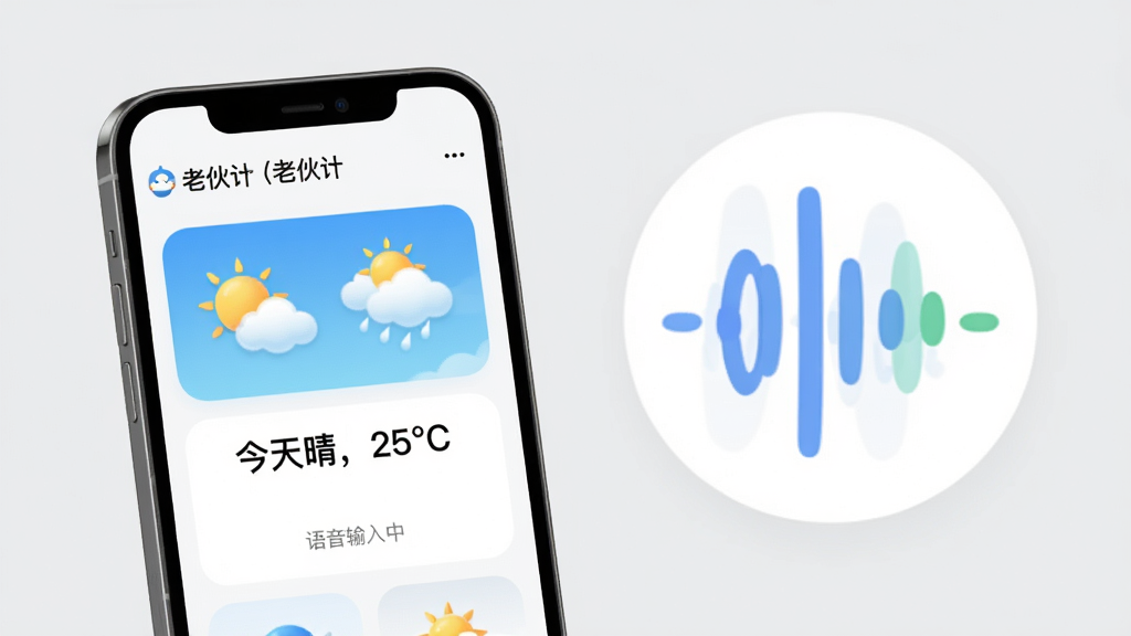主体:手机界面显示“老伙计”智能语音助手功能,正在展示天气卡片。布局:手机置于画面左侧,右侧为放大的语音波形图标。排版:界面中央有“今天晴,25℃”的文字,下方有“语音输入中”的提示。风格:清新自然,色彩明亮。细节:天气图标生动,界面圆角卡片设计,背景为浅灰色。画质:干净无杂物。