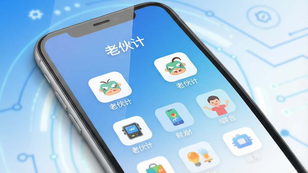主体:手机屏幕展示“老伙计”软件主界面,界面风格清爽简约,功能图标排列整齐。布局:屏幕居中,背景为渐变的蓝色与白色,营造科技感。排版:界面顶部显示“老伙计”字样,下方为功能网格,每个图标下方有中文标签。风格:扁平化设计,色彩明快。细节:屏幕反射柔和光线,边缘有细微阴影,画面干净。画质:高清渲染,无多余元素。
