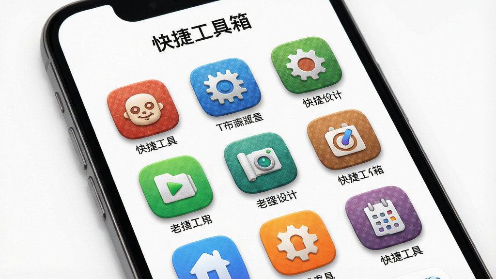 主体:手机屏幕展示“老伙计”快捷工具箱页面,各种工具以九宫格形式排列。布局:工具图标整齐排列,每个图标配文字。排版:顶部有“快捷工具箱”标题,下方为彩色图标。风格:简洁实用风格,背景为白色。细节:图标质感细腻,色彩辨识度高,阴影自然。画质:高清,无多余元素。