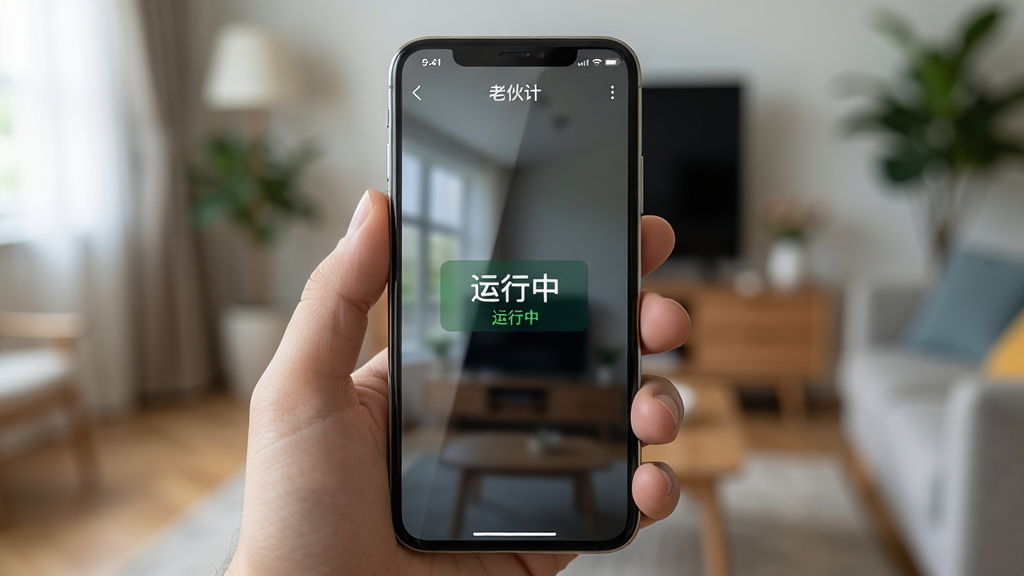 主体:一只手拿着手机,屏幕显示“老伙计”应用运行中,画面流畅。布局:手机居中,背景为模糊的客厅环境。排版:屏幕上有“运行中”状态标识。风格:写实风格,光线自然。细节:手机屏幕反光,手指自然握持。画质:高清晰度。