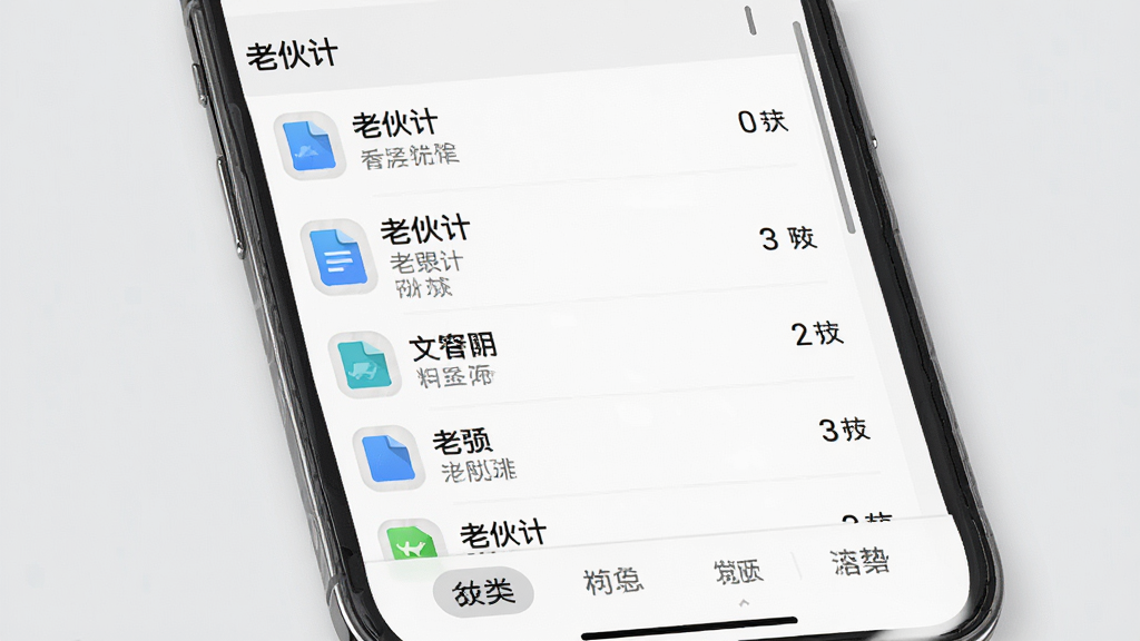 主体:手机界面显示“老伙计”文件管理功能,文件以列表形式展示。布局:文件列表占满屏幕,底部有分类标签。排版:每个文件行显示图标、名称和大小。风格:商务简约风格,背景为浅灰色。细节:文件类型图标清晰,列表可滚动。画质:干净整洁。