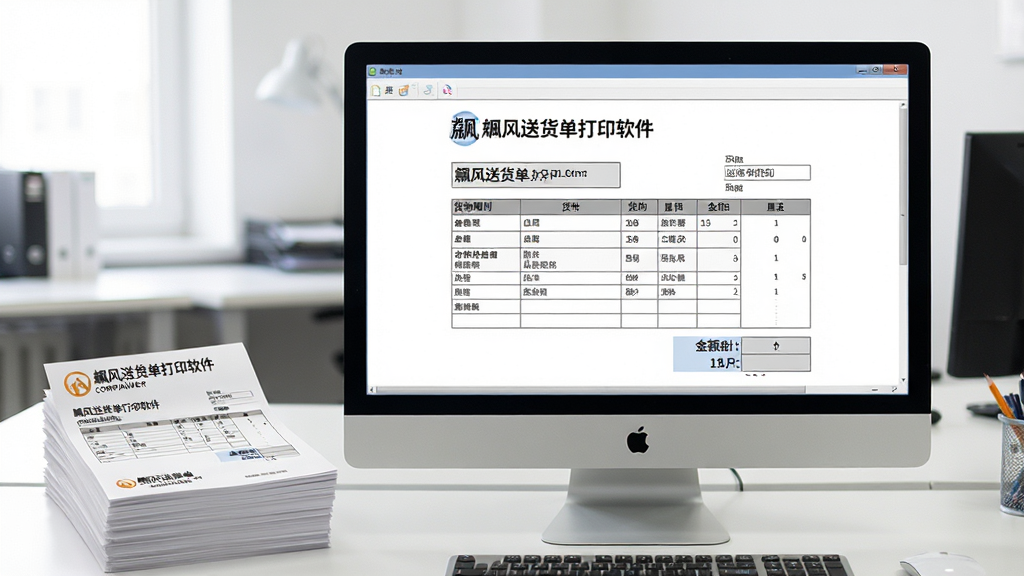主体:一台运行着飚风送货单打印软件的电脑屏幕,屏幕中显示一张设计整洁的送货单模板,包含公司抬头、货物明细表格、金额合计等区域;布局:电脑居中,屏幕内容清晰可辨,左侧有一叠打印好的送货单纸张;排版:画面简洁,突出软件界面与打印成品;风格:写实风格,光线明亮,办公室场景;细节:送货单上文字为