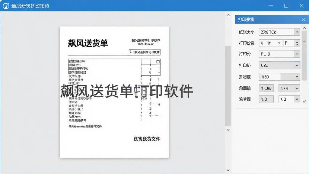 主体:飚风送货单打印软件的打印预览界面,屏幕上显示一张送货单的预览效果,旁边有打印参数设置面板;布局:预览区在中央,设置面板在右侧;排版:界面清晰,参数项排列有序;风格:简洁商务风格,蓝白色调;细节:预览单据上有